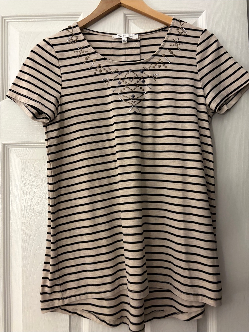 Rose & Olive Black and Cream Studded Striped Scoop Tee